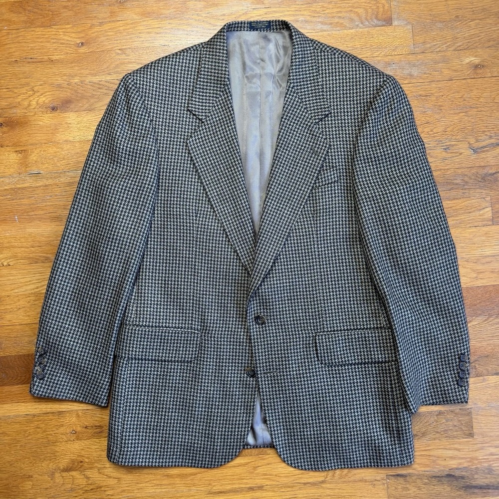 Oscar de la Renta Houndstooth Sport Coat Mens 41R Brown Green Wool Tweed Blazer